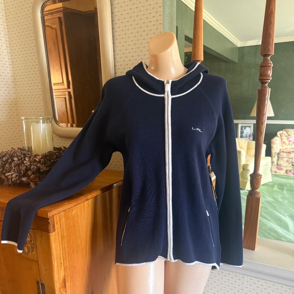 STUNNING L-RL RALPH LAUREN NAVY BLUE AND WHITE HOODED SWEATER, 100% COTTON, NWT